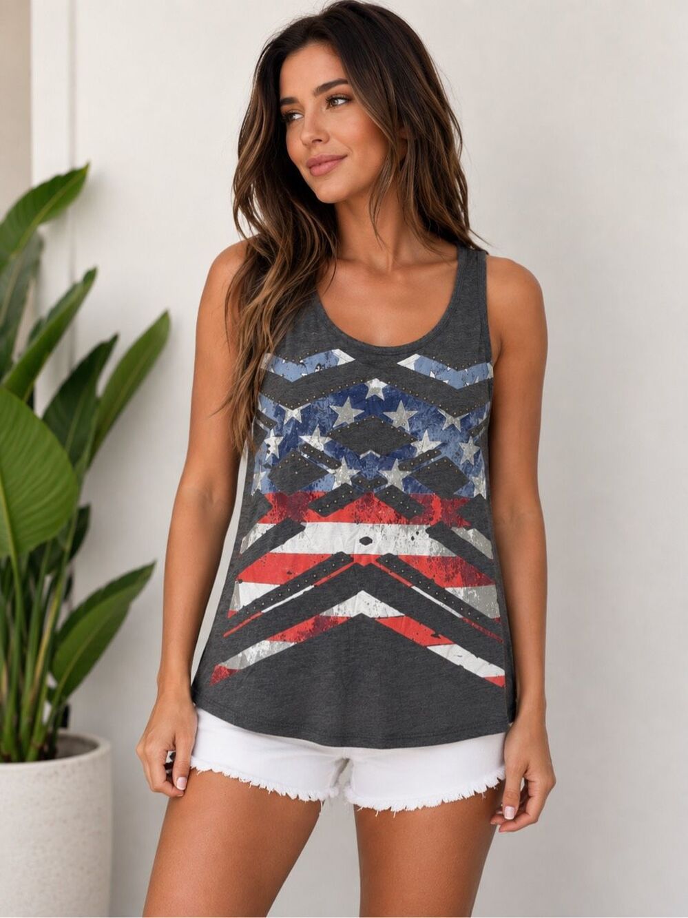 Rock & Republic Size L Tank Top Gray Studded American Flag Graphic